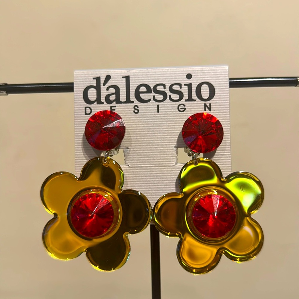 Vintage Style Dalessio Design Red & Gold Flower Dangle Clip On Earrings